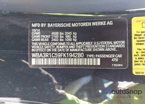 2015 BMW 435I из США, поврежденный, VIN WBA3R1C59FK194280